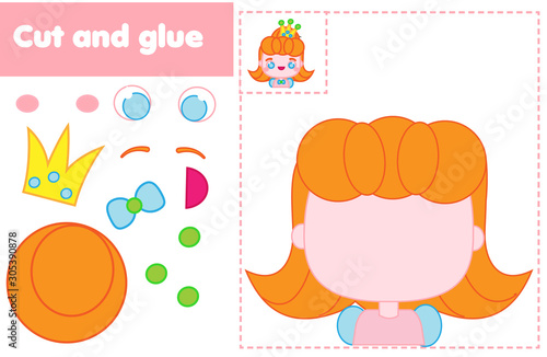 Cut and paste children educational game. Paper cutting activity. Make a princess with glue and scissors. DIY worksheet
