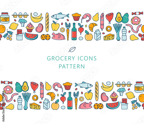 Seamless pattern supermarket grosery store food, drinks, vegetables, fruits, fish, meat, dairy, sweets