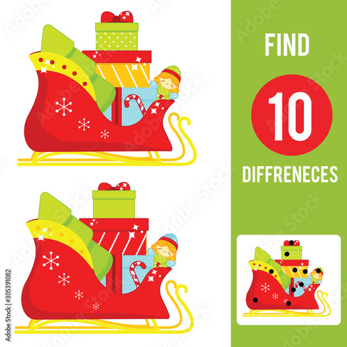 Christmas gifts in sleigh. Find the differences educational children game. Kids activity fun page. New Year holidays theme