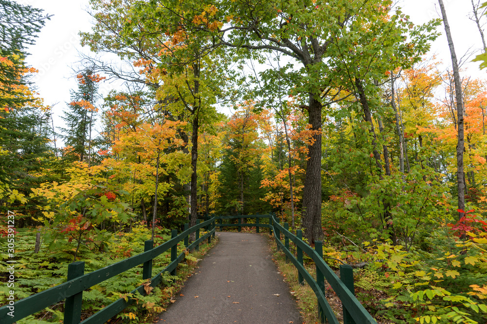 Hiking path in the autumnal park. Mauricie National Park in East Canada Hiking path in the autumnal park. Mauricie National Park in East Canada