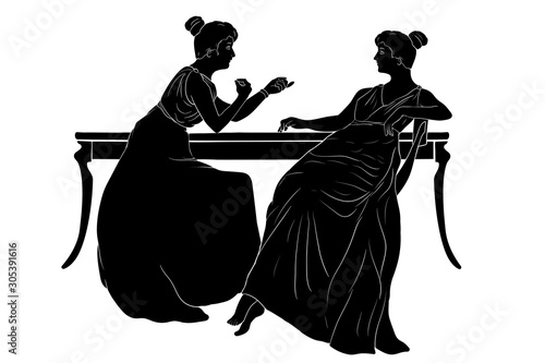 Two women are sitting at the table and having a conversation. Vector image isolated on white background.