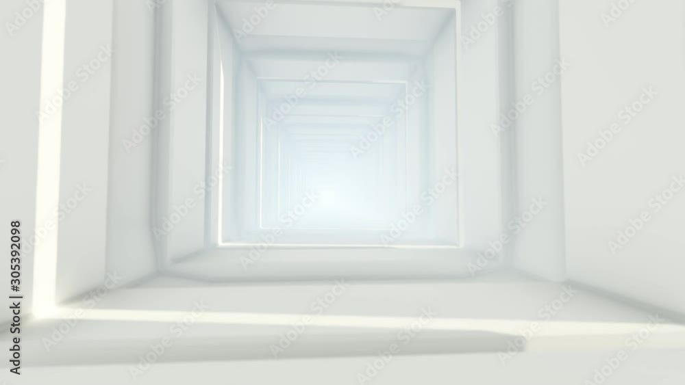 Futuristic empty white corridor with rectangular walls and bright light Futuristic empty white corridor with rectangular walls and bright light