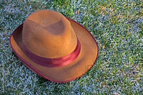 vintage hat snow grass background 