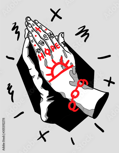 Prayers hands sculpture. Crazy red style. Hands with tattoo.