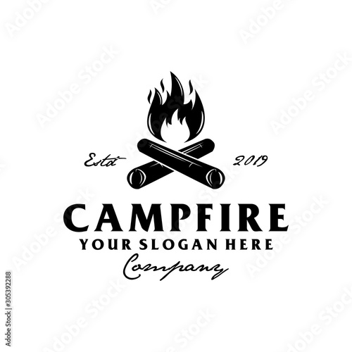 Campfire, bonfire, summer camp retro vintage logo