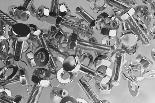 Bolts, nuts, washers, growers on a white background 3D rendering photo