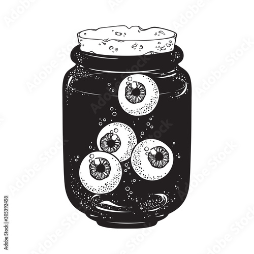 Human eyeballs in glass jar isolated. Sticker, print or blackwork tattoo hand drawn vector illustration photo