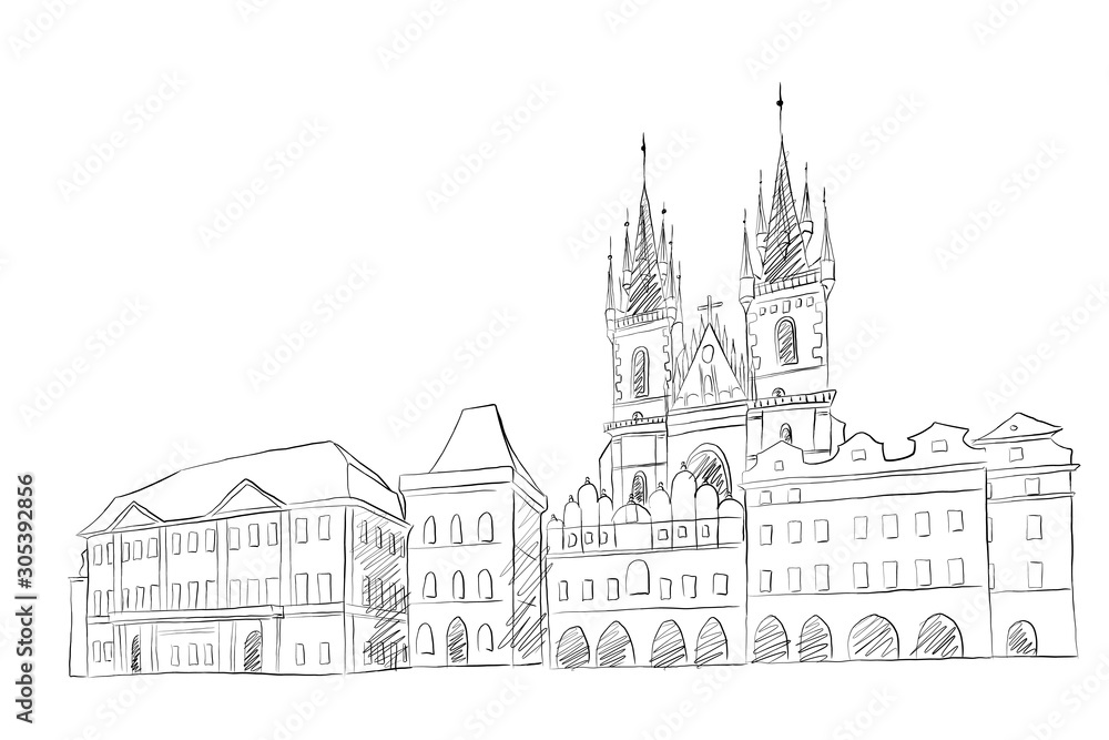 Vector sketch of  The Church of Our Lady before Tyn , Prague, Czech Republic.