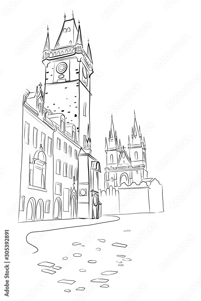 vector sketch of View of Prague Orloj - medieval astronomical clock mounted on Old Town Hall in the Old Town Square, Prague, Czech Republic, Europe.