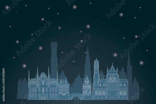 Vector illustration of Bruges town on winter night sky background.