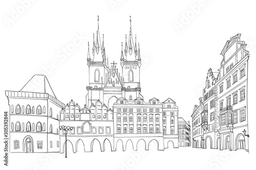 Vector sketch of  The Church of Our Lady before Tyn , Prague, Czech Republic.