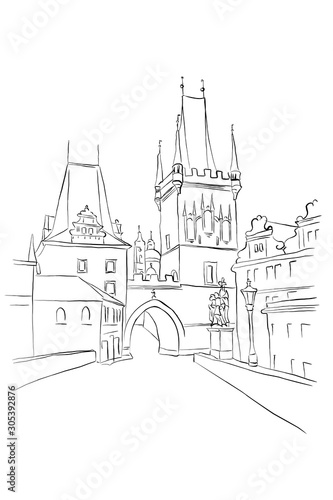 vector sketch of Lesser Town Bridge Towers on Charles Bridge and Prague castel. Prague  Czech Republic  Bohemia.