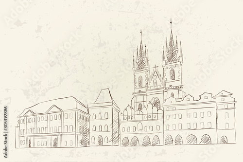 Vector sketch of  The Church of Our Lady before Tyn   Prague  Czech Republic.
