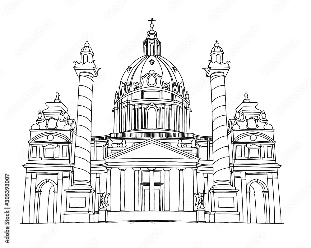 vector sketch of  St. Charles's Church in Vienna, Austria