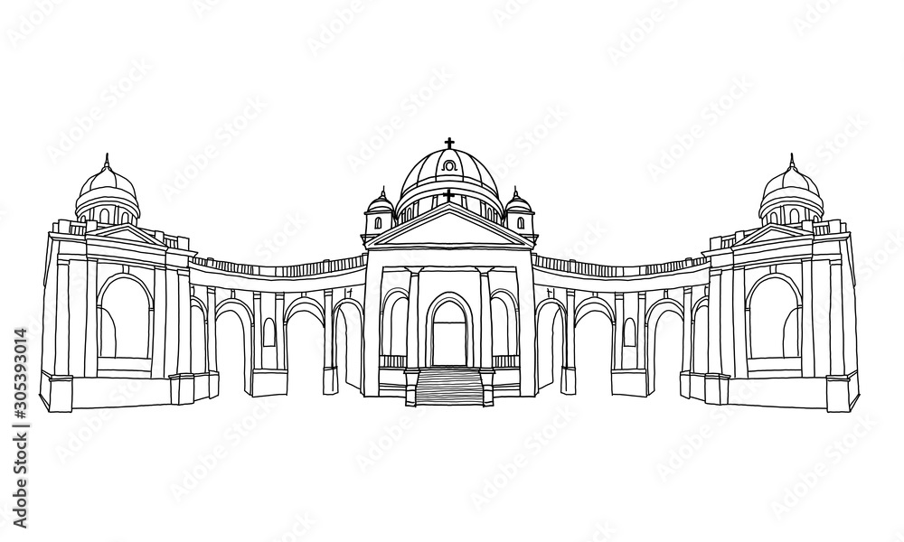 Vector sketch of Entrance to Mirogoj cemetery with Church of King Christ in Zagreb, Croatia 