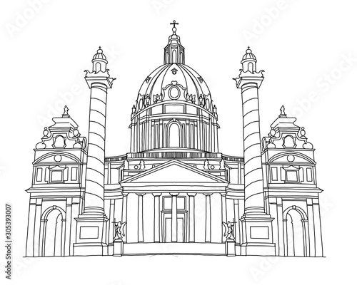 vector sketch of  St. Charles's Church in Vienna, Austria