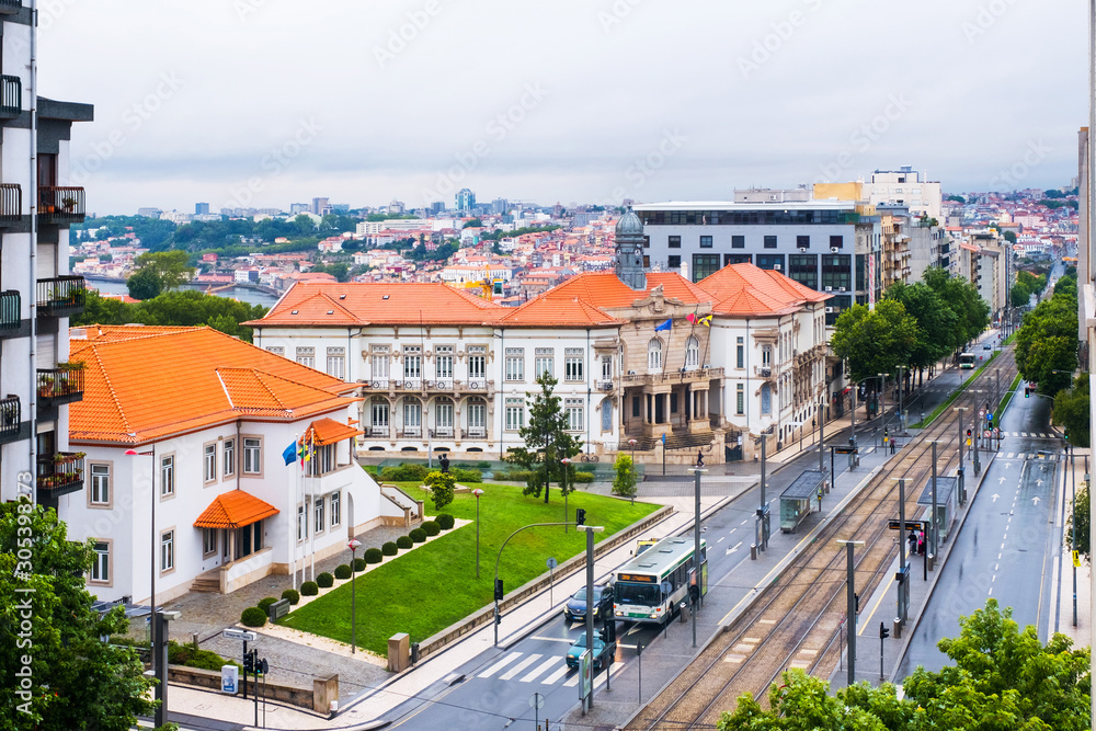 Aerial view of historical buildings in Gaia, Portugal in the morning