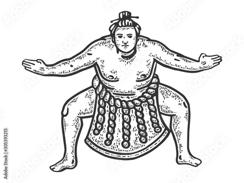 Sumo wrestler fighter sketch engraving vector illustration. T-shirt apparel print design. Scratch board imitation. Black and white hand drawn image.