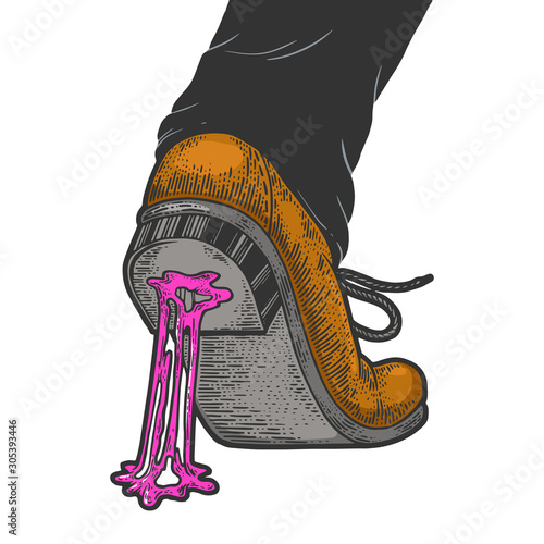 Chewing bubble gum stuck to the shoe sketch engraving vector illustration. T-shirt apparel print design. Scratch board style imitation. Black and white hand drawn image.
