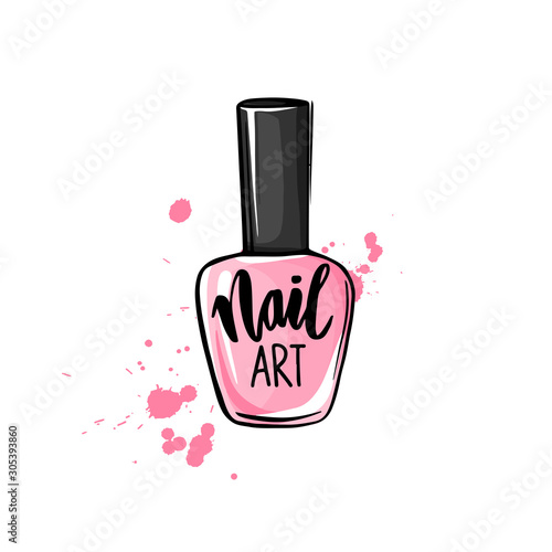 Vector nail polish bottle. Handwritten lettering about nails and manicure