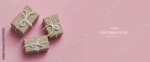 Three gift boxes set on pink background. Sale time. Web article template. Long header banner format. Sale coupon. Visit card. Your information. Text space.