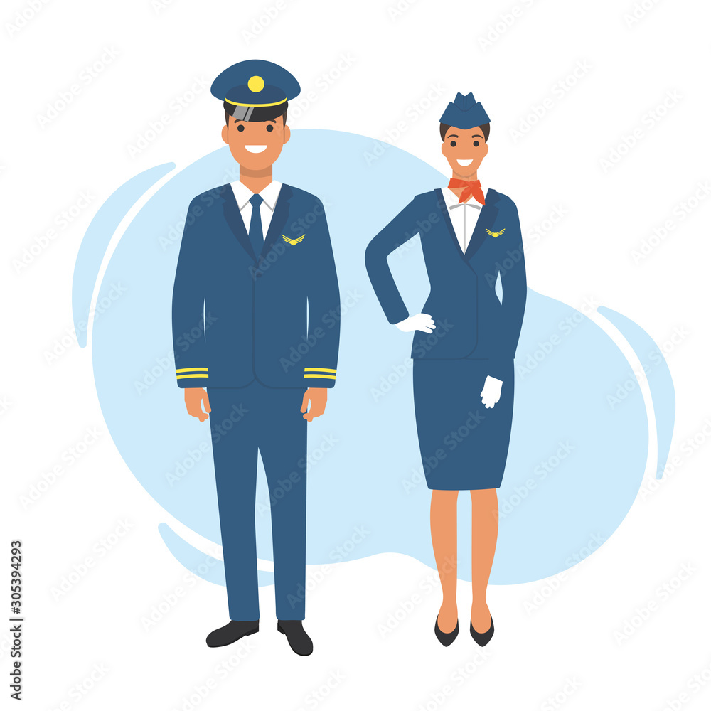 Pilot and stewardess, standing in uniform. Vector illustration, cartoon style.