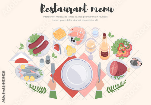 Restaurant food illustration, dinner table settings, top view.
