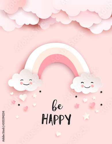 Welcome baby greetings card, nursery poster with cute clouds and rainbow, vector paper art