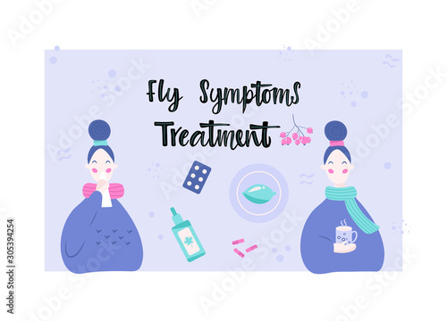 4. Handwritten FLU SYMPTOMS TREATMENT, two young women on the background treatment of various means and medicines. Vector illustration in flat cartoon style.