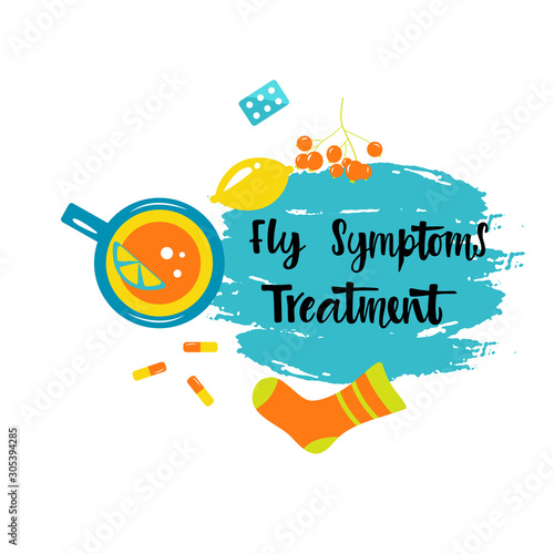 9.  Handwritten FLU SYMPTOMS TREATMENT with varios means and mediciness. Bright illustration. Vector illustration in flat cartoon style.