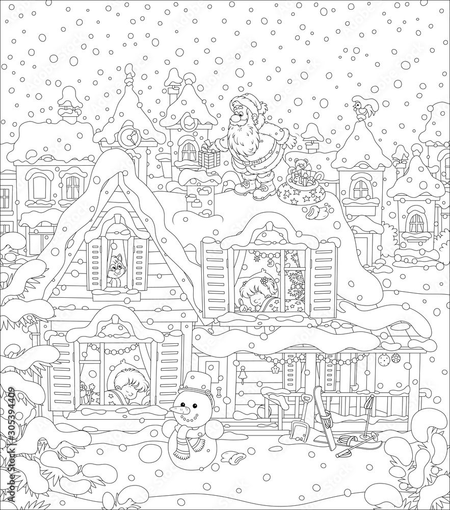Santa Claus with holiday gifts near a chimney on a snow-covered rooftop of a house with sleeping children on a snowy night before Christmas, black and white vector cartoon