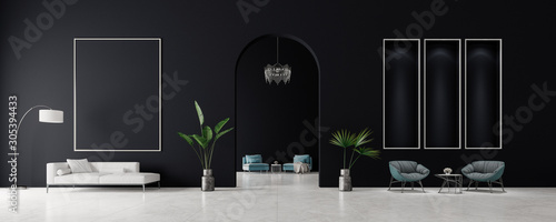 Modern Concept interior design of black and grey living room, 3d Render 3d illustration