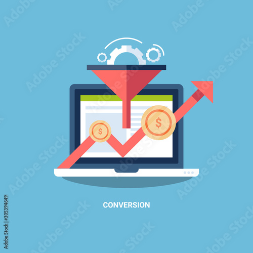 Sales funnel conversion optimization, increasing conversion rate, marketing online business profit. Flat design web banner template.
