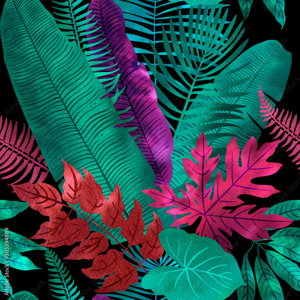 Fototapeta Pattern Neon tropical leaves of palm, monstera, fern. Pink, purple and blue plants on a black background.