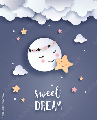 Cute moon and star,  Welcome baby greetings card, nursery poster, vector paper art