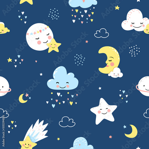 Childish seamless pattern with moon, star, clouds. Kids vector background. © Colorlife