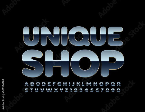 Vector luxury logo Unique Shop. Metallic beautiful Font. Reflective Alphabet Letters and Numbers