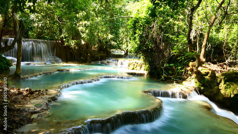 A view to the most famous point of the Kuang Si Falls in Luang Prabang, Laos