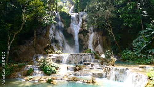 A view of the biggest waterfall within the Kuang Si Falls in Luang Prabang, Laos