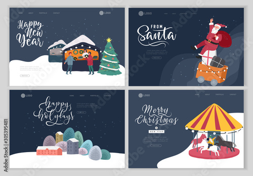Landing page template with Christmas holiday outdoor fair or street market on town square invitation card. Characters people walking between decorated stalls or kiosks. Holiday New year
