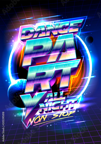 Dance party flyer or poster design concept, 80s years retro style