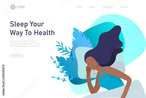 Sleeping character girl landing page template. The woman sleeps in bed alone in different poses, different poses during a night sleep. View from above. Colorful vector