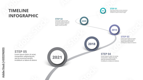 Creative concept for infographic road timeline. Process chart. Abstract elements of graph, diagram with 5 steps, options, parts or processes. Vector business template for presentation.