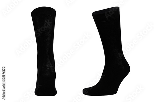 Blank black cotton long socks on invisible foot isolated on white background as mock up for advertising, branding, design, back and side view, template.