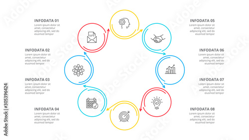 Thin line flat element for infographic. Template for diagram, graph, presentation and chart. Business concept with 8 options, parts, steps or processes.