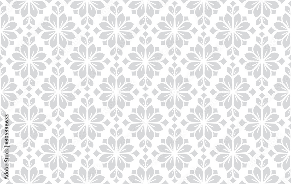 Flower geometric pattern. Seamless vector background. White and grey ornament. Flower geometric pattern. Seamless vector background. White and grey ornament.