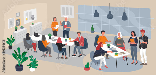 Office interior workplace with group workers communicating or talking to client or conversations between teamwork or meeting, brainstorming. Vector cartoon concept illustration