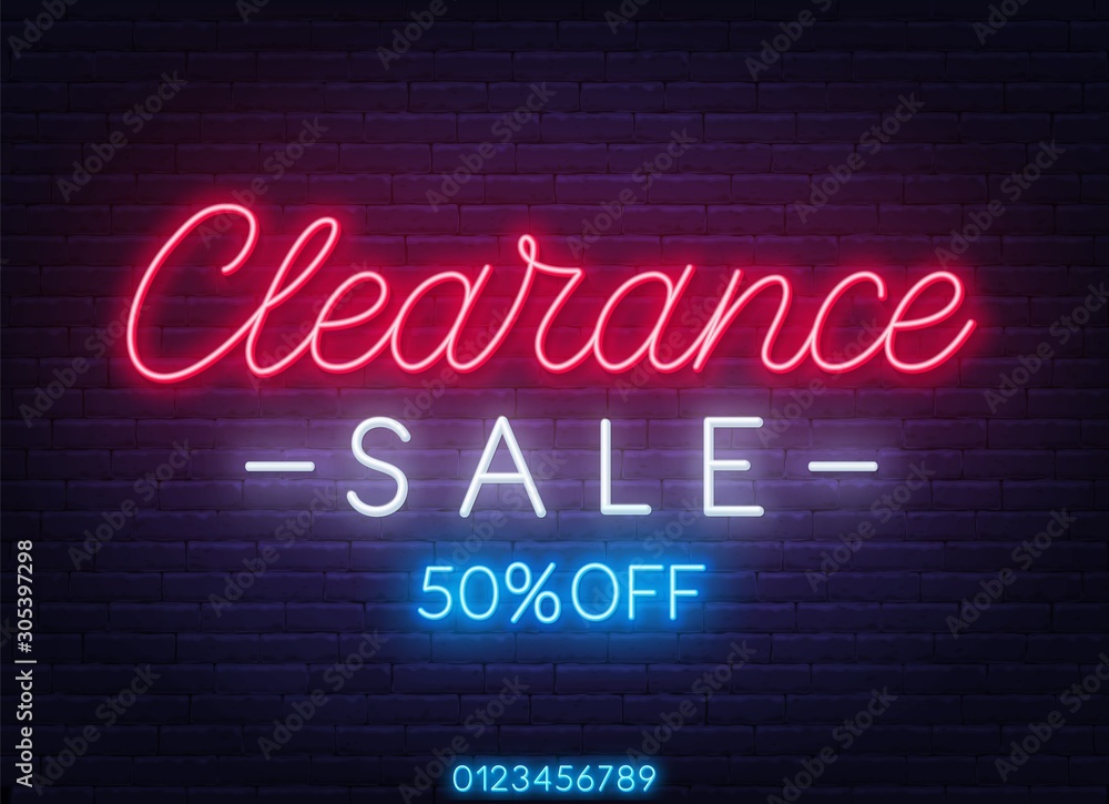 Clearance sale neon sign on dark background. - obrazy, fototapety, plakaty 