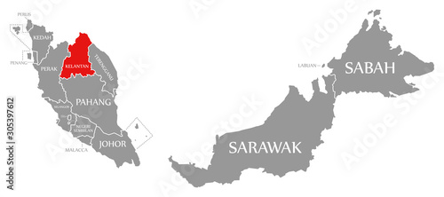Kelantan red highlighted in map of Malaysia