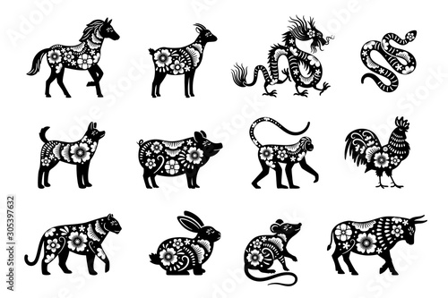 Traditional chinese horoscope with flowers. Chinese new year animals set, tiger and snake, dragon and pig vector mascot drawings with flora patterns